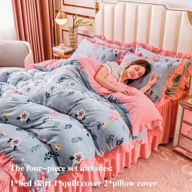 Thickened Milk Velvet Four-piece Bed Skirt Quilt Cover Pillowcase Plus Velvet Warmth Double-sided Quilt Cover Set Princess Celebrity Style