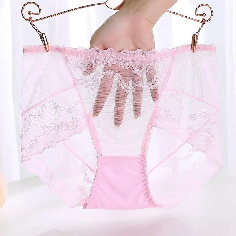 Black Plus Size Mid High Waist Panties Ladies Sexy Lace Mesh Seamless Transparent Ladies Briefs Transparent Hollow Out Panties