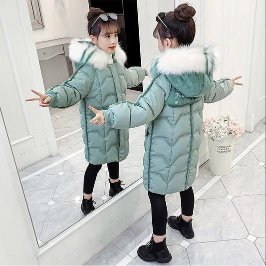 Girls' Down Jackets Korean Version of Children's Thick Cotton-padded Plus velvet thickening Long Winter Jackets Older Children's Corduroy Jacket