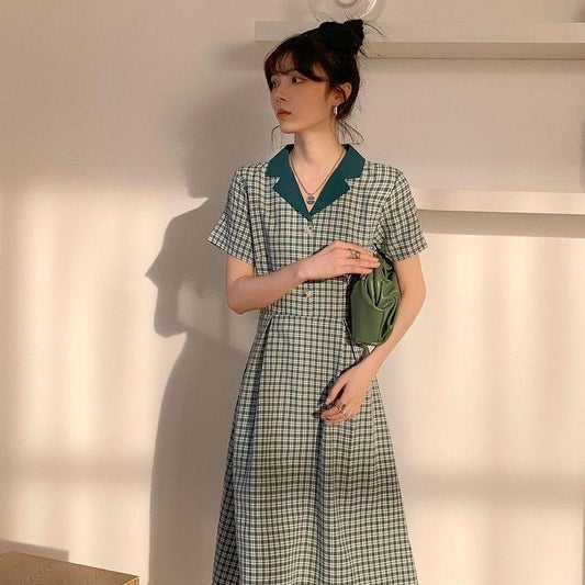 Female Simple Elegant Gentle Plaid Dress Summer French Vintage Mid Long Slim Casual Dress