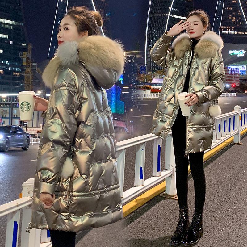 Bright Silver Down Jacket Winter Women's Long Hooded Coat Parka Thick Winter Jacket Women's Coat Oversize