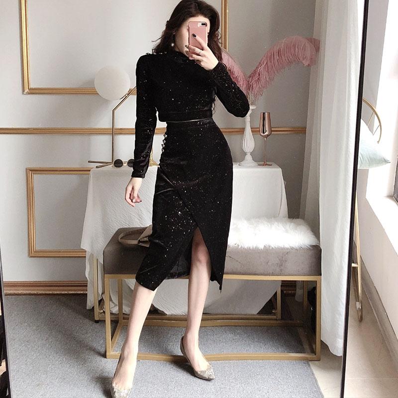 Spring and Autumn Skirt Suit Women's Gold Velvet Crop Top and Mid-length High Waist Bag Hip Skirt Two-piece Set  Ladies Glittering Outfits