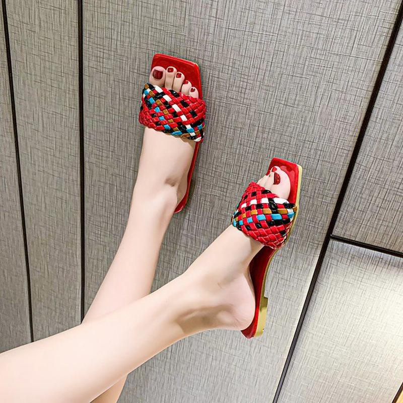 Color-blocking Woven Sandals  Slippers Women's All-match Outer Wear Summer Square-toe Flat-bottomed Slippers