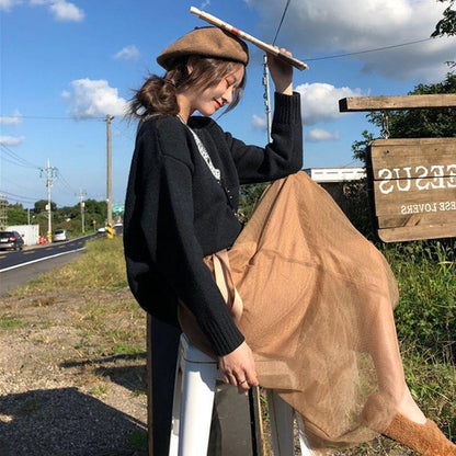 Pofulove Autumn Winter Simple Solid Color Long-sleeved Sweater Female Loose Pullover Student Shirt