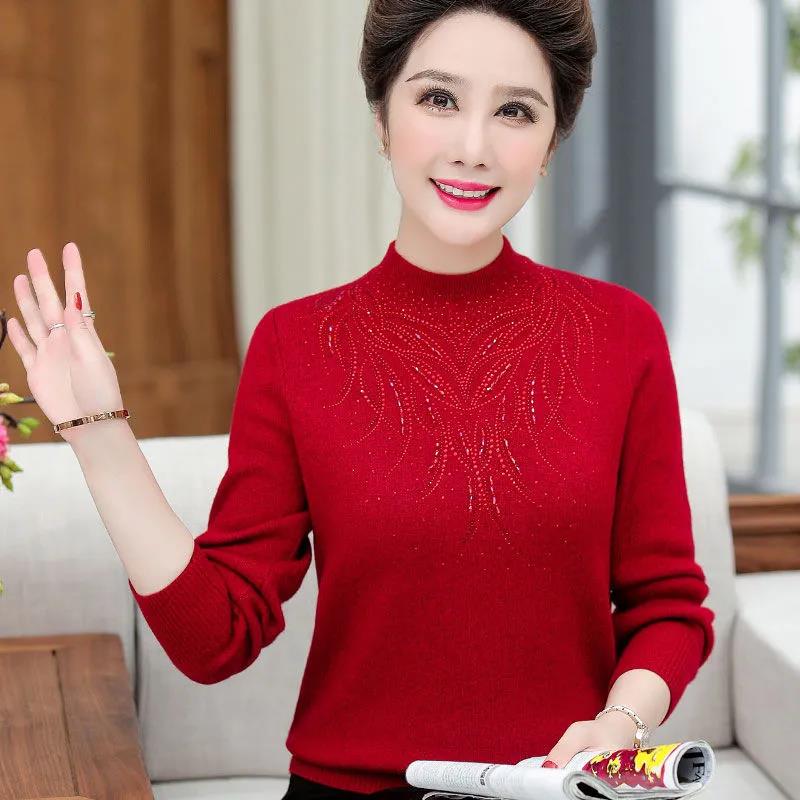Middle-aged and Elderly Women's Mother Wear Knitted Sweater Loose Plus Size Plus Velvet Thick Bottoming Shirt