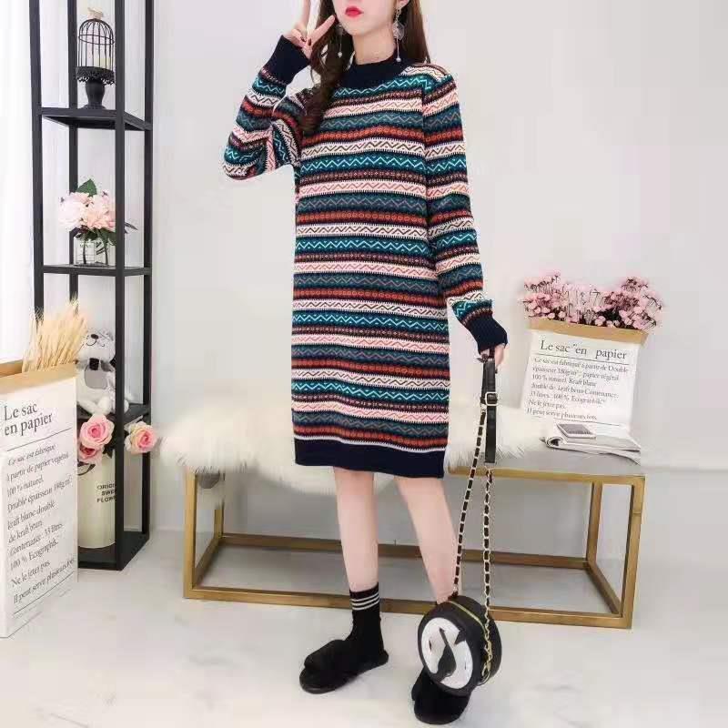 Mid-length Retro Ethnic Striped Over-the-knee Sweater Dress Female Net Red Loose Long-sleeved Hooded Pullover Knitted Jacket