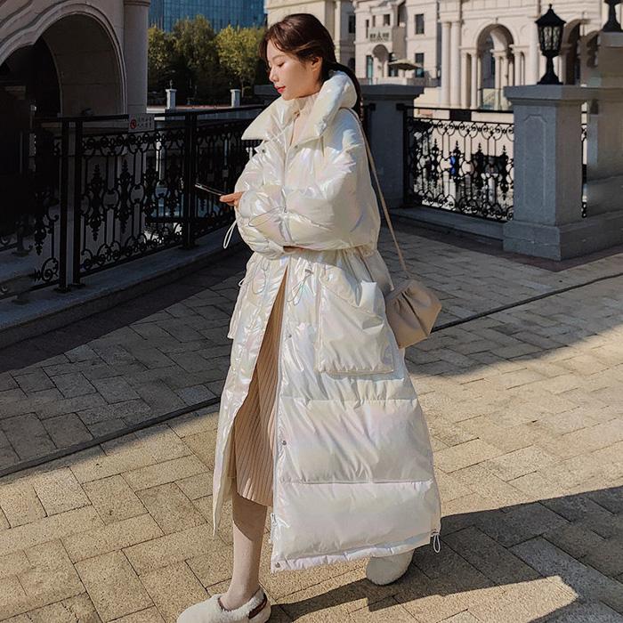 Bread Coat Cotton-padded Jacket Women's Winter Loose Stand-up Collar Without Hood Mid-length Thickened Shiny Down Padded Jacket Winter Warm Jacket