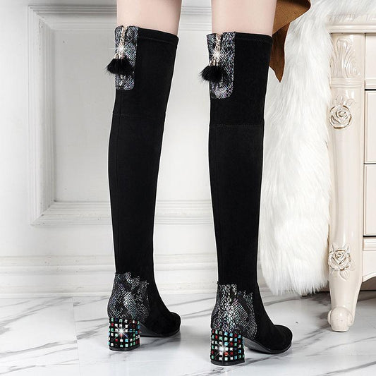 Women's Thick Heel Over Knee Boots High Heel Elastic Boots Autumn Winter Plus Fleece High Boots