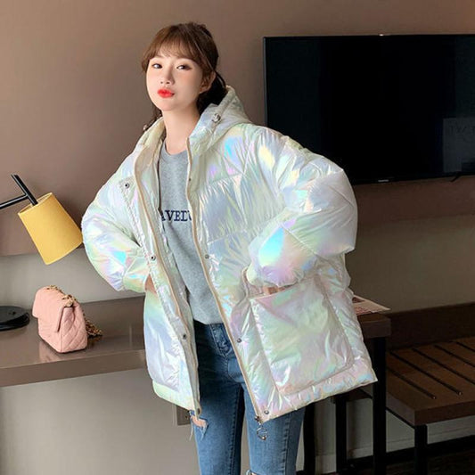 Bright Face Down Padded Jacket Women's Loose Coat Thick Bread Clothes Colorful Cotton Coat Women's Hood Keeps Warm and Comfortable