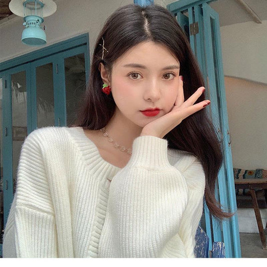 Short Solid Color Button Sweater Loose Striped Pattern Coat Wide Knit Cardigan Women's Top