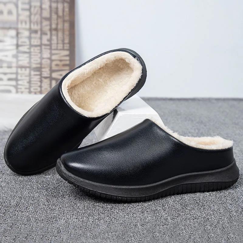 Women Unisex Winter Home Slippers Leather Waterproof Non Slip Slippers Plush Warm Indoor