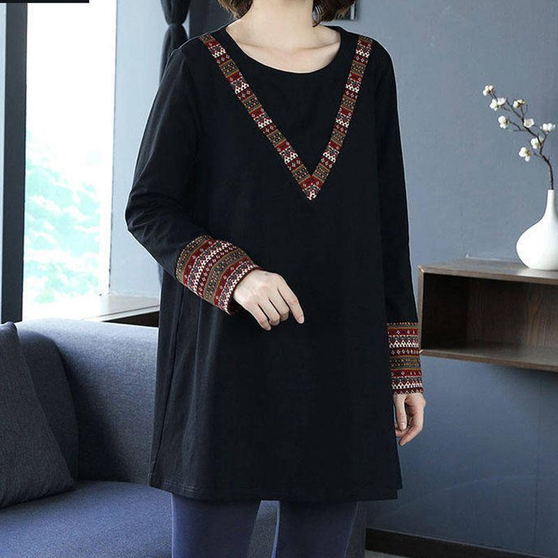 Women's Fashion Casual Tops Splicing Ethnic style Long Sleeve Ladies Loose O-Neck Sweatshirt Pullovers