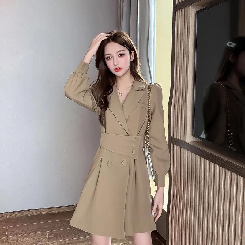 Suit Collar Long-sleeved Dress Women's Spring and Autumn Korean Style Design Windbreaker Short Skirt Ladies A-line Skirt