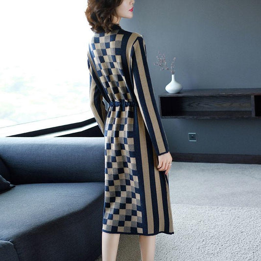 Autumn Winter Plaid Knitted Dress Women's Long  Bottoming Sweater Dress Slim High Neck Pullover Sweater with Sashes