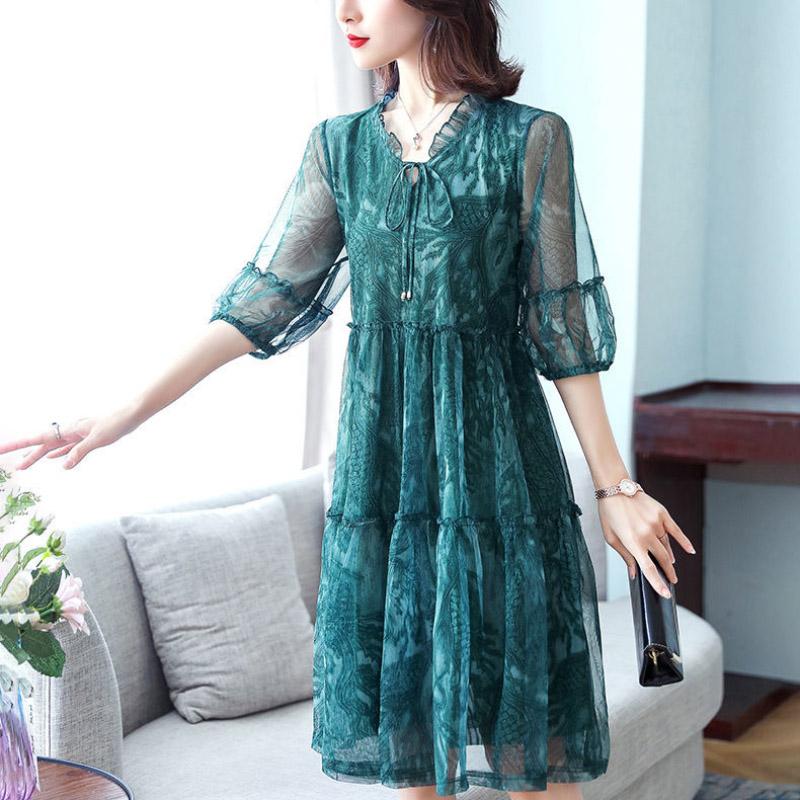 Sweet Little Floral Round Neck Tie Long Sleeve Chiffon Ladies Dress Summer Fashion Temperament High Quality Color Dress