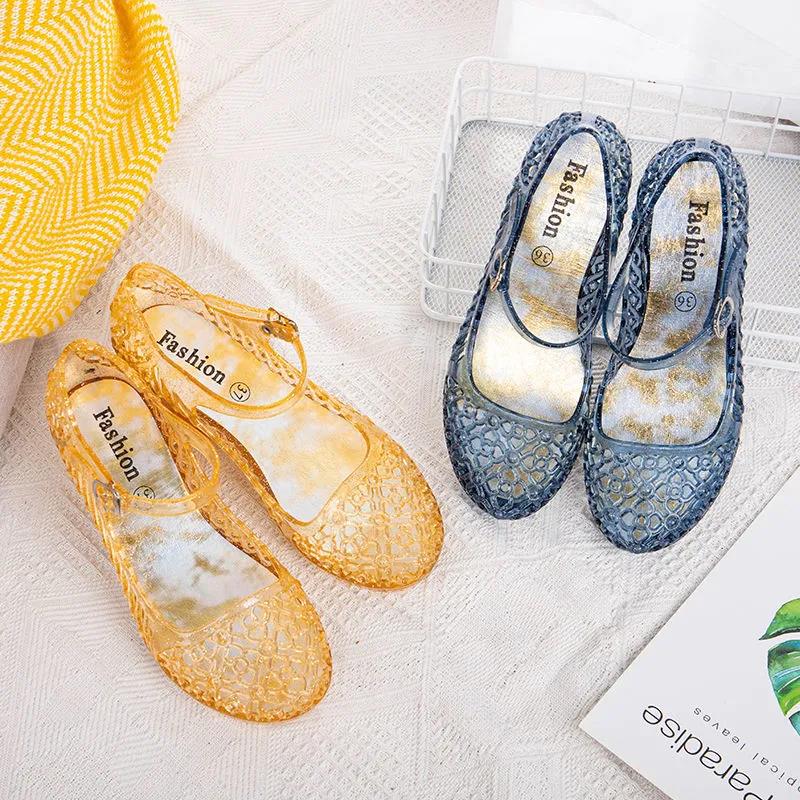 Sandals Women's Summer Baotou Slope with Non-slip Soft Bottom Breathable Hole Transparent Word with Crystal Jelly Shoes