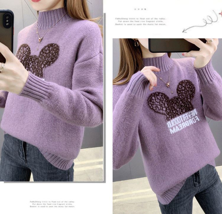 Ladies Velvet Thickened Half Turtleneck Sweater Korean Version Fashion Printing Slim Bottoming Shirt All-in-one Fleece Warm Outer Sweater