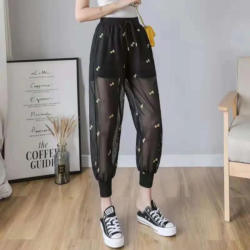 Net Yarn Loose Foot Mosquito Pants Women's Summer Casual Pants Thin Ice Silk Bloomers Embroidered Nine-point Sun Protection Pants