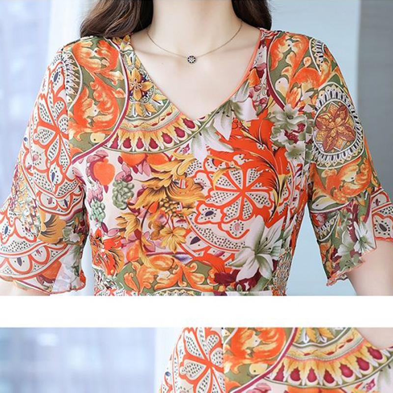 Dress Summer Women's Large Size Chiffon Waist Waist Was Thin Floral Long Skirt A-line Version Long Skirt Large Skirt Waist Waist Was Thin Beach Dress