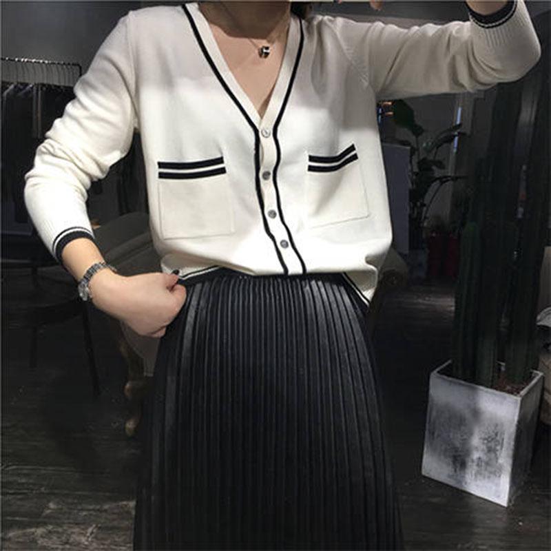 Pofulove Autumn Women's Knit Cardigan Jacket V-neck Long Sleeve Loose Slim Fit Ladies Sweater