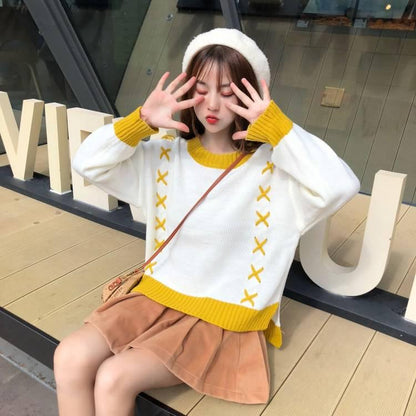Loose Front Short Back Long Split Knitted Round Neck Jumper Short Wild Sweater Women