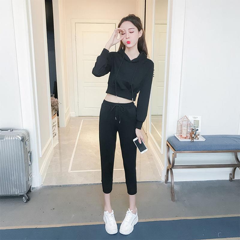 Fashion Solid Color Sports Casual Suit Women's Summer Thin Section Sports Long-sleeved Drawstring Hooded Two-piece Set for Women