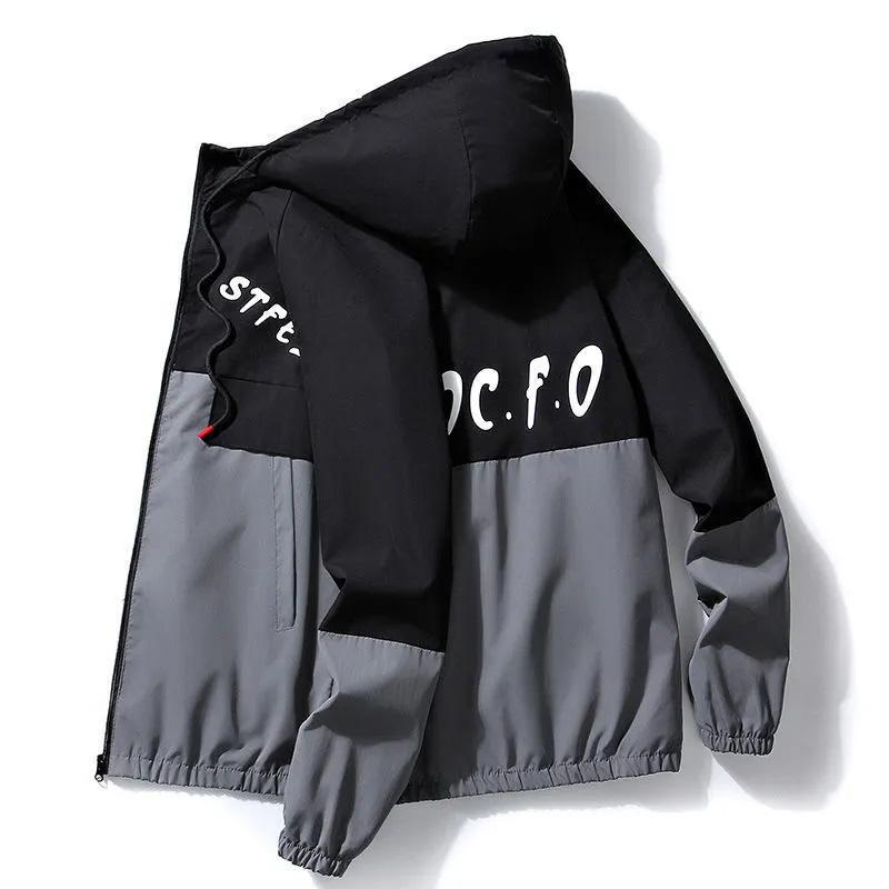 Spring and Autumn Jacket Men's Tooling Hooded Jacket Trendy Handsome Loose Teen Student Printed Thin Top