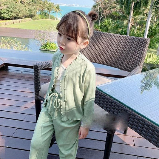 Girls' Suit Spring Clothes Children's Foreign Style Long Sleeve Cardigan Coat Baby Leisure Wide Leg Pants Two Piece Set