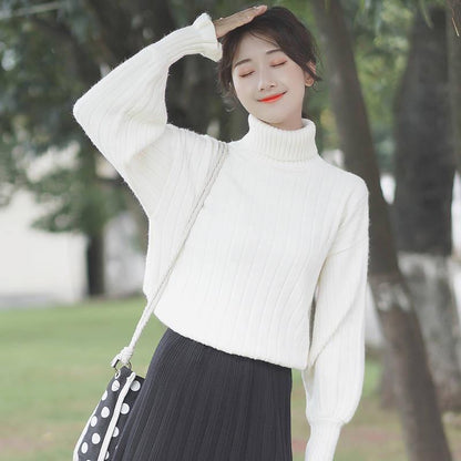 Thick Solid Color Inner Pull-up Turtleneck Sweater Women Lantern Sleeves Wild Knitted Top