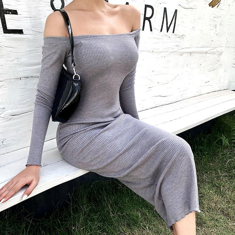 Solid Color Sexy One-shoulder Temperament Thin All-match Ribbed Hip Dress Women
