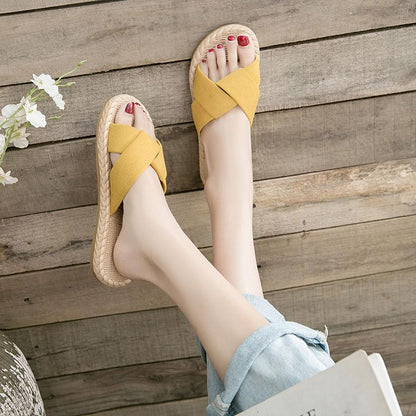 Summer Shoes Women Fashion Slides Slippers Ladies Cross Bandage Slipper for Women Linen Straw Slippers Non-slip Slide On