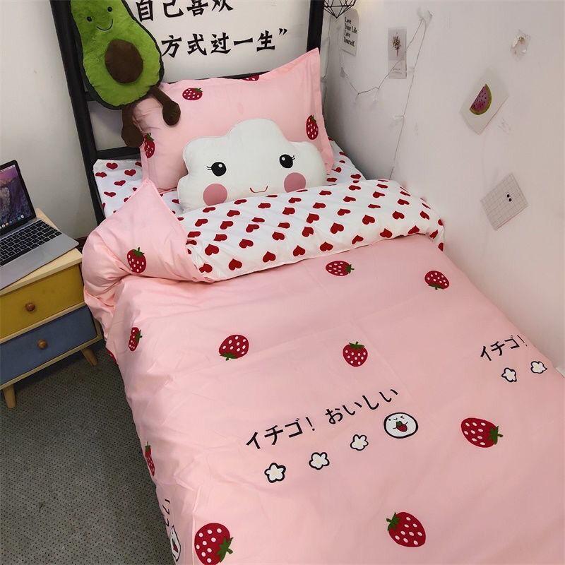 Three-piece Bed Set 1.2m Dormitory Bed Sheet Quilt Cover Pillowcase Set Bedding Striped Plaid Cute Style