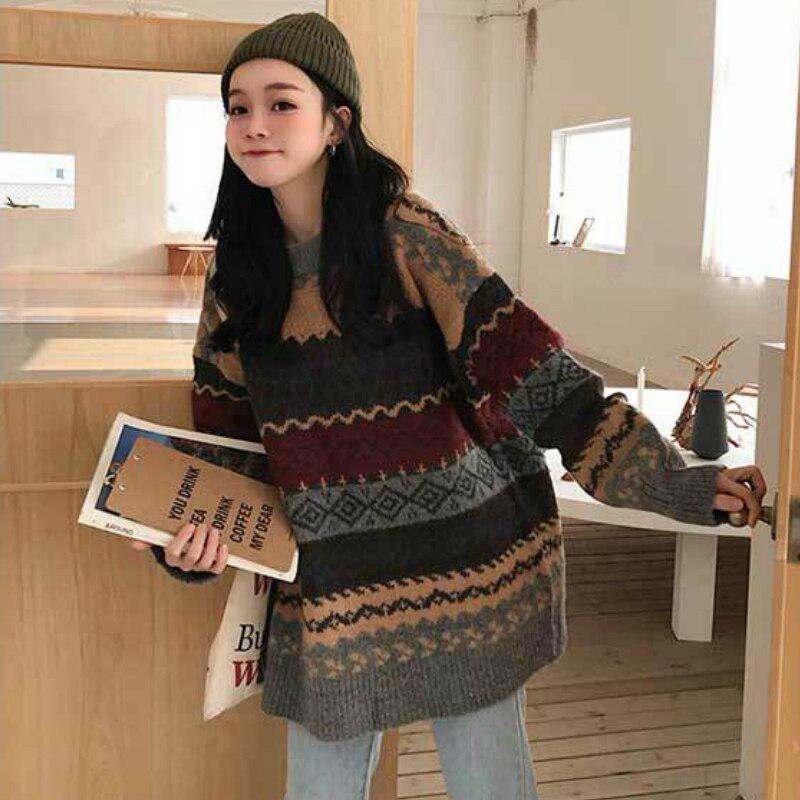 Pullovers Women Vintage Loose Casual Sweaters Geometric Retro Lazy Female Harajuku Korean Style Womens Ulzzang Chic Tops