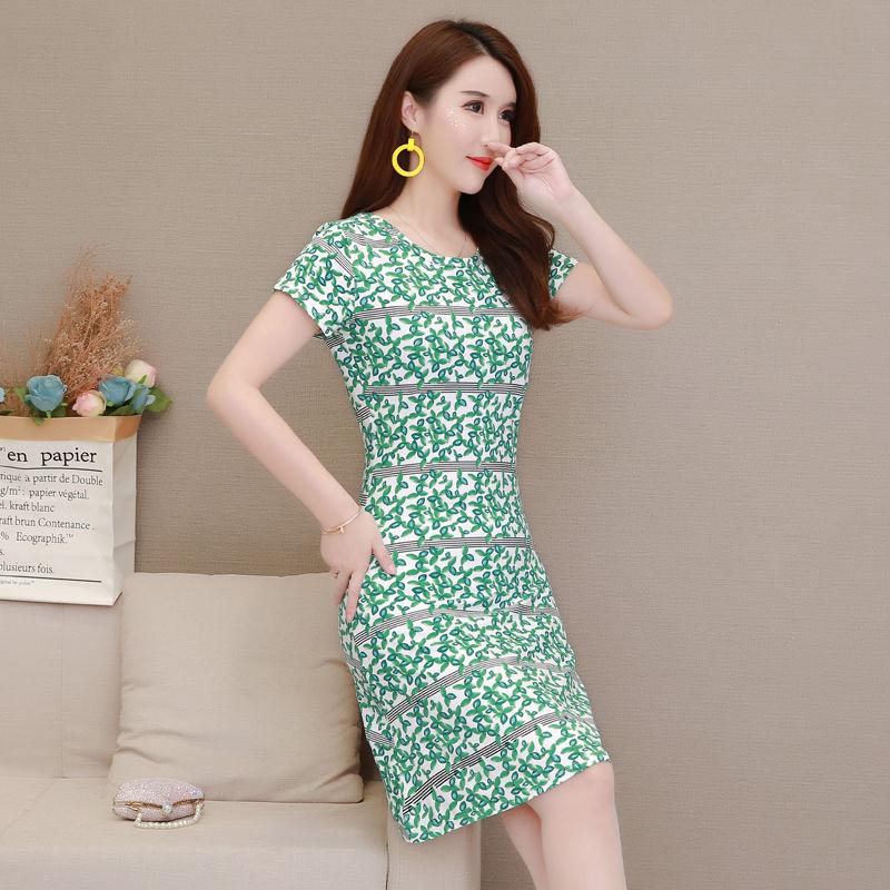 National Style Long Bottoming Shirt Short-sleeved Dress Slimming Plus Size T-shirt Female A-line Version Waist Slimming Round Neck Dress