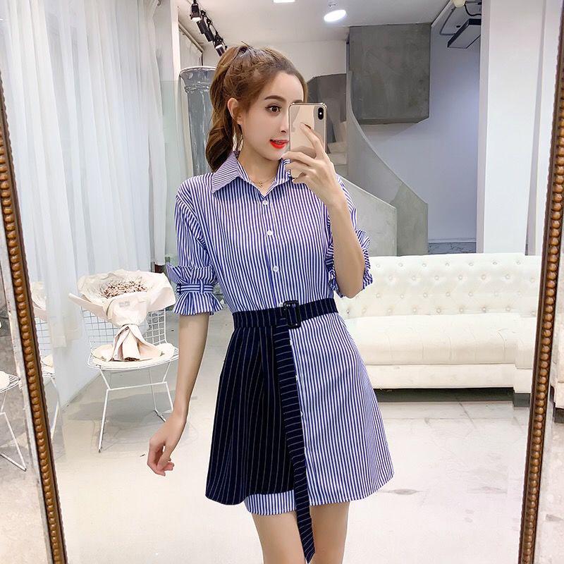 Women's Summer Dress Irregular Long-sleeved Shirt Dress Striped Shirt Dress for Work