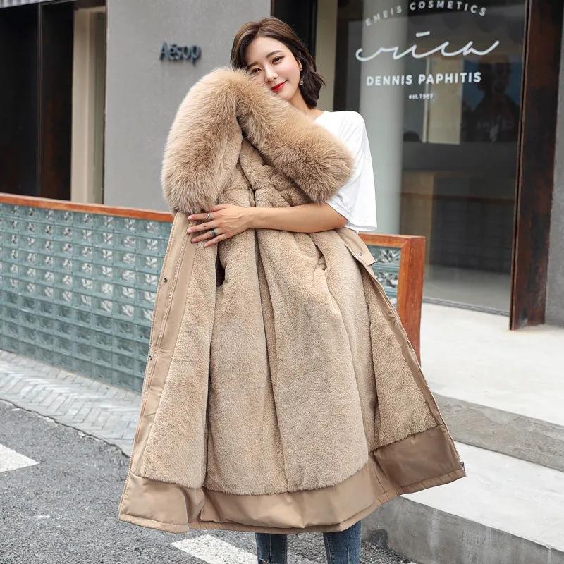 Winter Jacket Parkas Women Mid-length Large Fur Collar Plus Fleece Down Coat Thick Warm Long Coats Hooded Adjustable Waist Plus Size Maxi Outwear