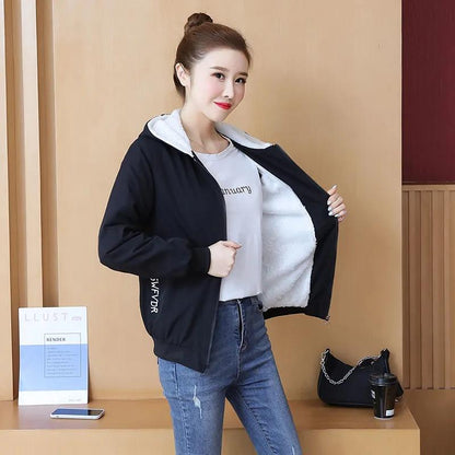 Fleece Thickened Hooded Jacket Autumn and Winter Warm Jacket Women Loose All-match Sports Jacket
