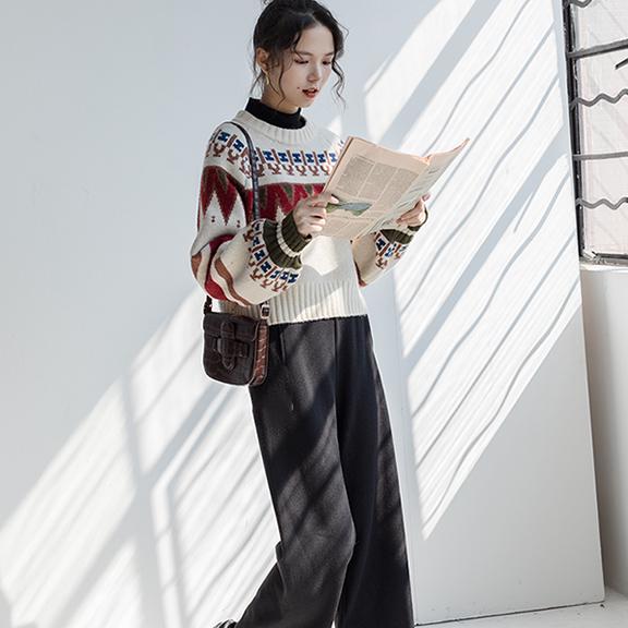 Vintage  Printed Sweater Women Bottoming Sweater Loose Casual Knit Pullover Sweater Autumn Winter