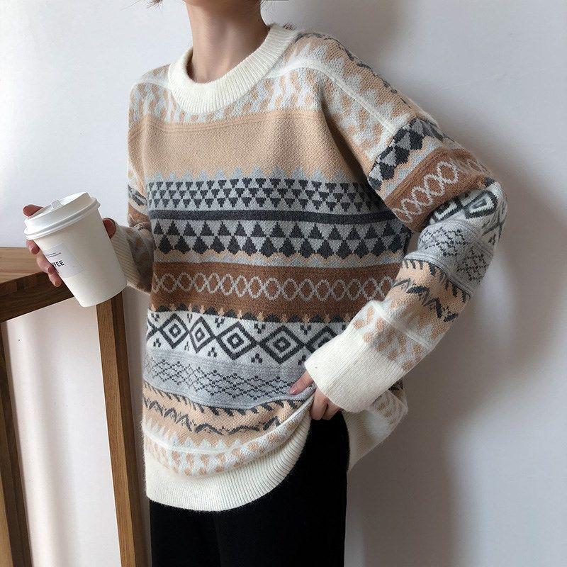 Vintage Geometric Pattern printed Sweater Women Loose Casual Pullover Sweater Top Students All-match Knitwear Outer Wear
