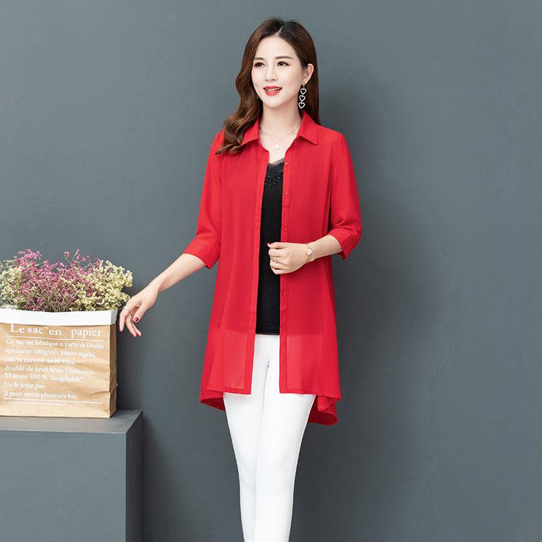 Women's Large Size Mid-length Chiffon Shirt 3/4 Sleeve Cardigan Shirt Spring Summer Loose Casual Sun Protection Coats