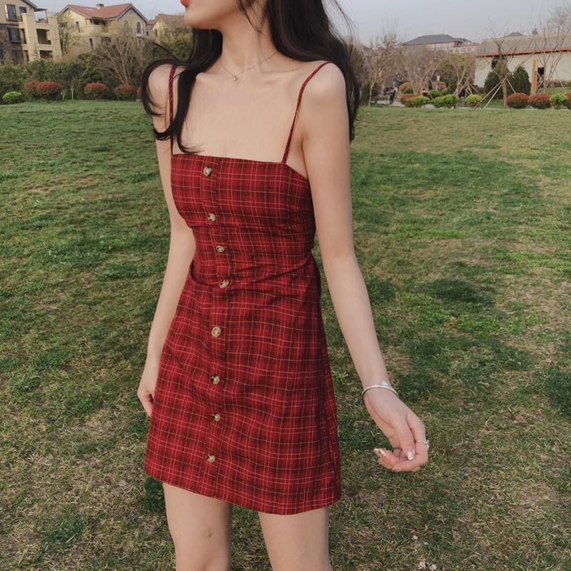 Plaid Skirt Solid Color Cute Sweet Girl Bow Sling Backless Sexy Sleeveless Dress