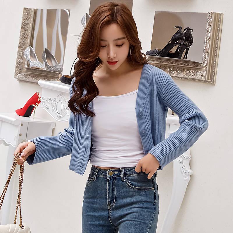 Core-Spun Yarn Solid Color Sunken Stripe Sweater Cardigan Women's Autumn and Winter V Neck Sweater
