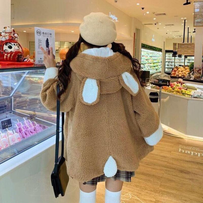 Autumn and Winter Lamb Fur Hooded Jacket Female Students Casual All-match Thickened Polar Fleece Cardigan Cute Rabbit Ears Plush Jacket