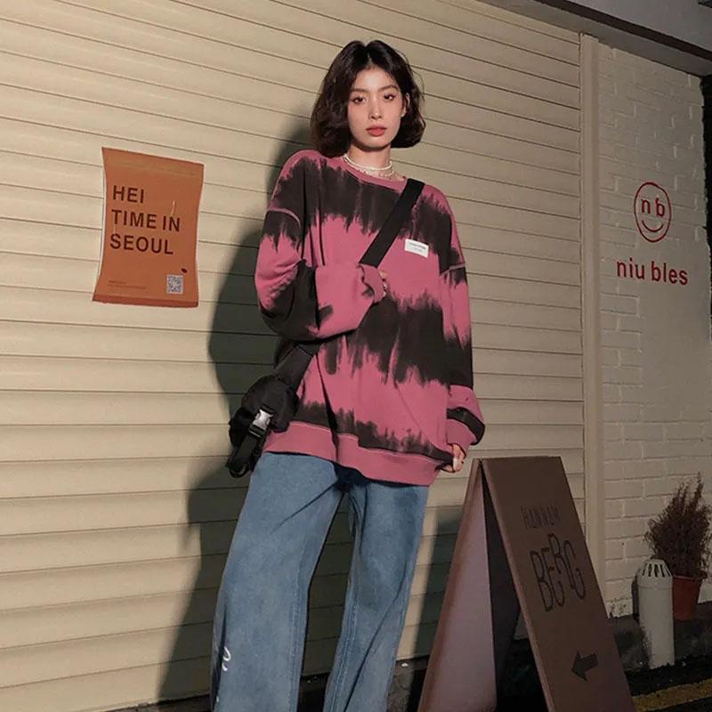 Women's Spring Tie Dye Round Neck Sweater Lazy Striped Ins Jacket Top Ladies Casual Loose Pullover Long Sleeve Shirt Top