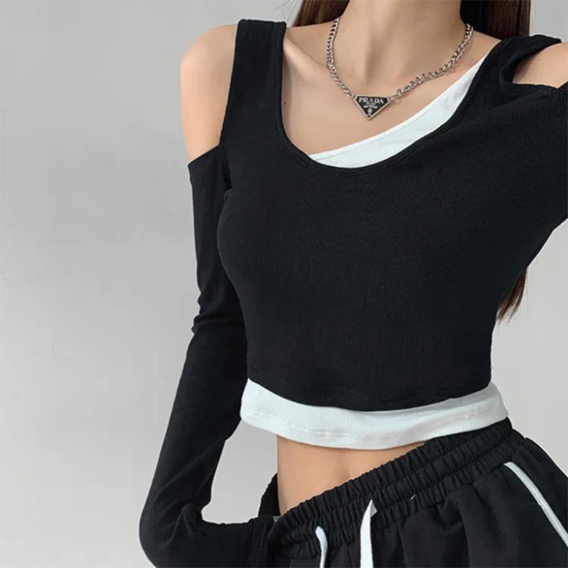 Eye-catching Off-the-shoulder Long-sleeved T-shirt Women's Contrast Color Stitching Fake Two-piece Short Top
