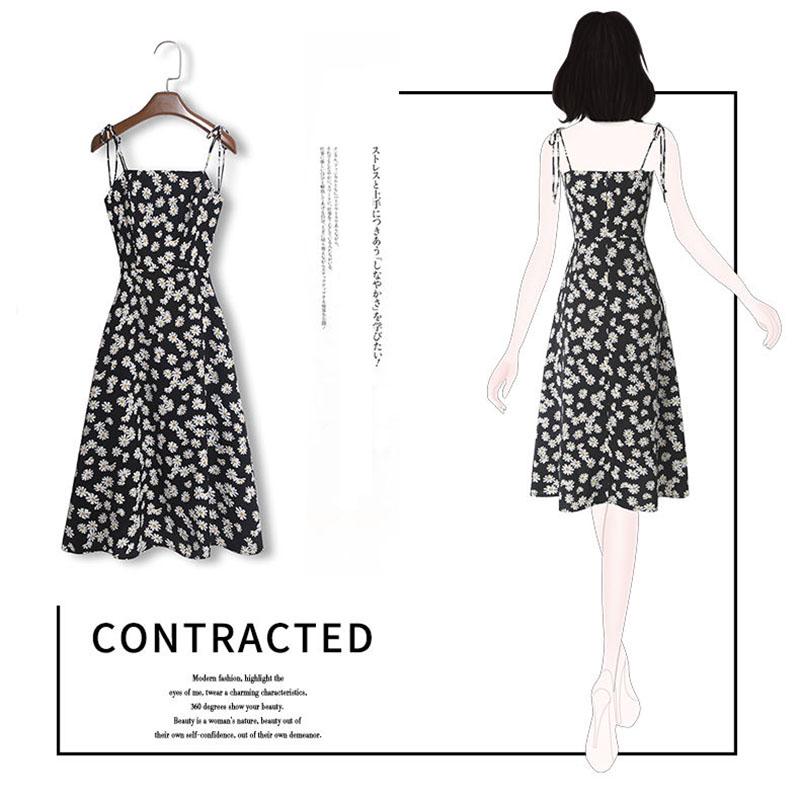 Pofulove Women's Little Daisy Floral Dress Summer Sleeveless slip dress  Midi Sexy A-line ruffled Spaghetti Strap Dress