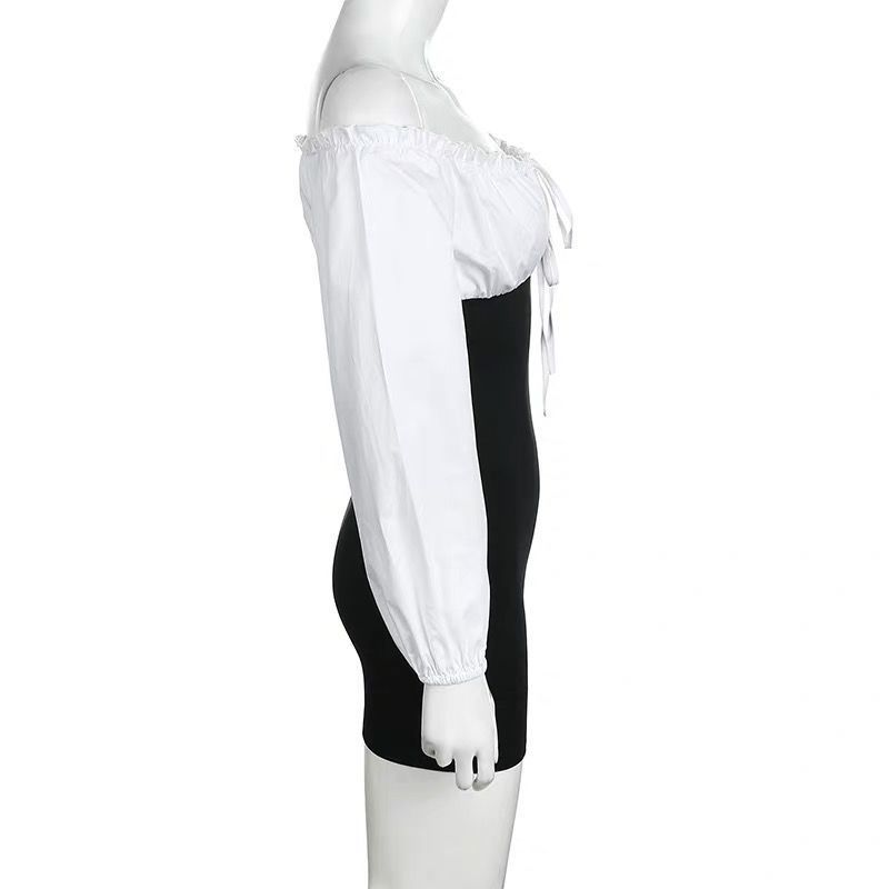 Women's Mid-length Black and White Stitching Sexy Strapless Long-sleeved Ruffled Lace-up Dress