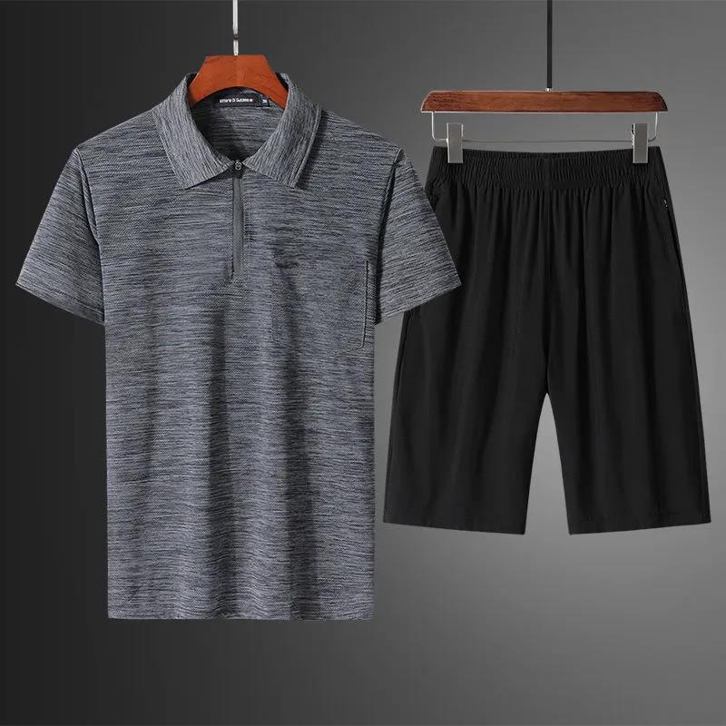 Middle-aged and Elderly Sports Suit Men's Summer Ice Silk Quick-drying T-shirt Short-sleeved Shorts Dad Wear Casual Running Two-piece Suit