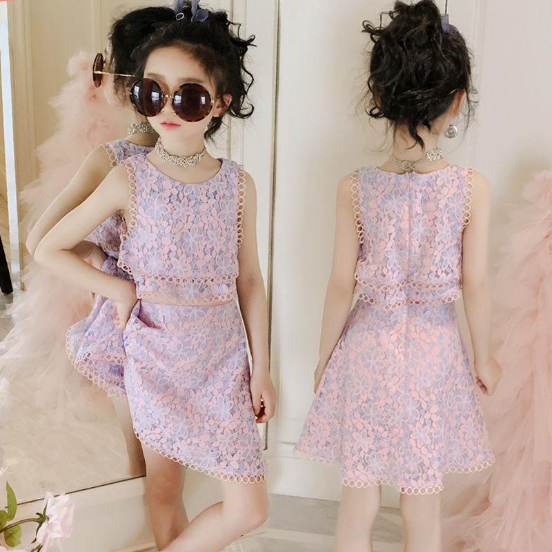 Girls' Dress Summer Broken Flowers Dress Children Net Red Girl Chinese Style Fake Two Pieces of Lace Skirt