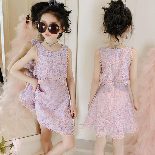 Girls' Dress Summer Broken Flowers Dress Children Net Red Girl Chinese Style Fake Two Pieces of Lace Skirt